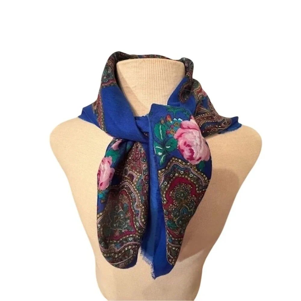 Womens Blue Floral Paisley Russian Folk Square Scarf Shawl feminine garden party
